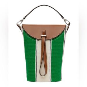 NWT Staud Phoebe Convertible Bucket Bag Bungalow Green Stripe Brown Leather
